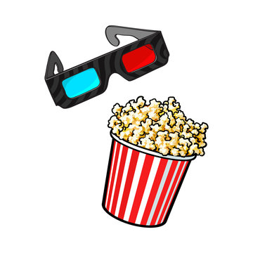 Cinema objects - popcorn and 3d, stereoscopic glasses, sketch style vector illustration isolated on white background. Cinema, movie attributes like popcorn in red and white bucket and 3d glasses
