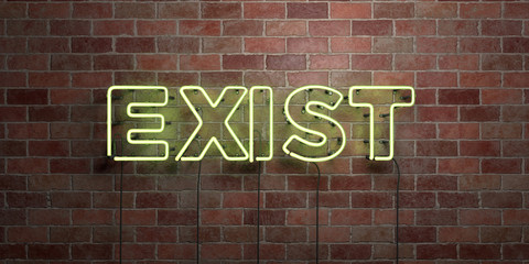 EXIST - fluorescent Neon tube Sign on brickwork - Front view - 3D rendered royalty free stock picture. Can be used for online banner ads and direct mailers..