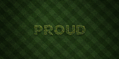 PROUD - fresh Grass letters with flowers and dandelions - 3D rendered royalty free stock image. Can be used for online banner ads and direct mailers..