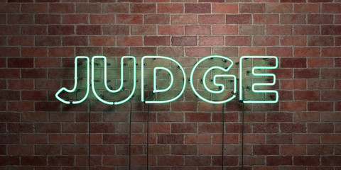 Fototapeta na wymiar JUDGE - fluorescent Neon tube Sign on brickwork - Front view - 3D rendered royalty free stock picture. Can be used for online banner ads and direct mailers..