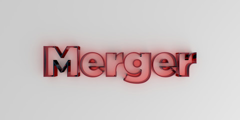 Merger - Red glass text on white background - 3D rendered royalty free stock image.