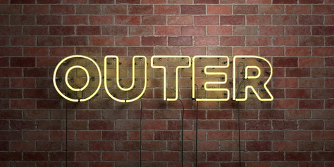 Fototapeta na wymiar OUTER - fluorescent Neon tube Sign on brickwork - Front view - 3D rendered royalty free stock picture. Can be used for online banner ads and direct mailers..