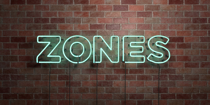 ZONES - fluorescent Neon tube Sign on brickwork - Front view - 3D rendered royalty free stock picture. Can be used for online banner ads and direct mailers..
