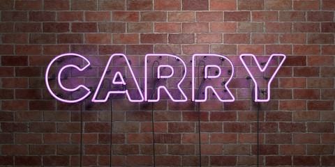CARRY - fluorescent Neon tube Sign on brickwork - Front view - 3D rendered royalty free stock picture. Can be used for online banner ads and direct mailers..