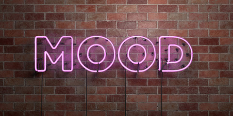 MOOD - fluorescent Neon tube Sign on brickwork - Front view - 3D rendered royalty free stock picture. Can be used for online banner ads and direct mailers..