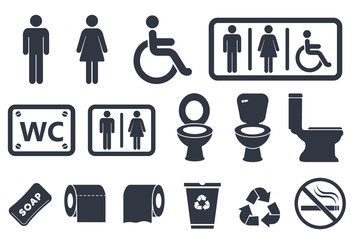 toilet vector icons set, male or female restroom wc - obrazy, fototapety, plakaty