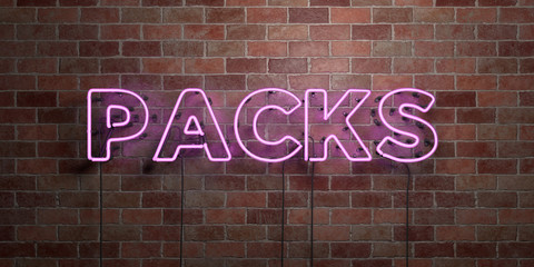 PACKS - fluorescent Neon tube Sign on brickwork - Front view - 3D rendered royalty free stock picture. Can be used for online banner ads and direct mailers..
