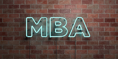 MBA - fluorescent Neon tube Sign on brickwork - Front view - 3D rendered royalty free stock picture. Can be used for online banner ads and direct mailers..