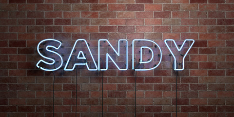 SANDY - fluorescent Neon tube Sign on brickwork - Front view - 3D rendered royalty free stock picture. Can be used for online banner ads and direct mailers..