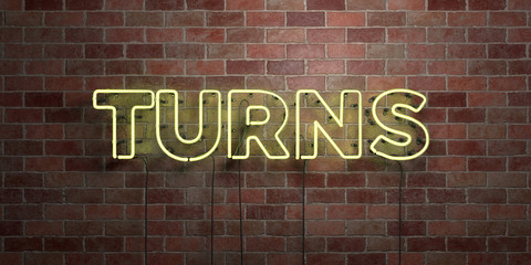TURNS - fluorescent Neon tube Sign on brickwork - Front view - 3D rendered royalty free stock picture. Can be used for online banner ads and direct mailers..