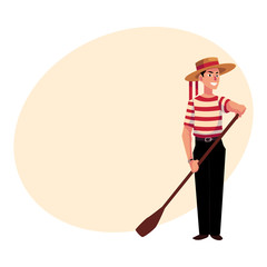 Full length portrait of young Italian, Venetian gondolier in typical clothes, cartoon vector illustration with place for text. Italian gondolier in traditional clothing, tourist attraction - obrazy, fototapety, plakaty