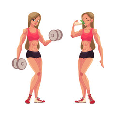 Woman bodybuilder, weightlifter working out with dumbbells and drinking protein shake, cartoon vector illustration isolated on white background. Woman bodybuilder with dumbbells and drinking protein