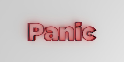 Panic - Red glass text on white background - 3D rendered royalty free stock image.