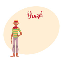 Brazilian man in traditional costume for Festa Junina party, wearing straw hat and red neck tie, cartoon vector illustration with place for text. Brazilian man dressed for Festa Junina party