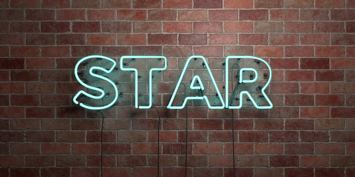 STAR - fluorescent Neon tube Sign on brickwork - Front view - 3D rendered royalty free stock picture. Can be used for online banner ads and direct mailers..