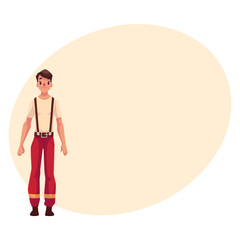 Handsome firefighter, fireman in t-shirt and protective pants with braces, cartoon vector illustration with place for text.