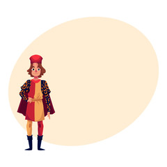 Full length portrait of young Italian man in Renaissance time costume, cartoon vector illustration with place for text. Medieval, Renaissance Italian man in traditional historical costume