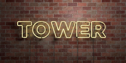 TOWER - fluorescent Neon tube Sign on brickwork - Front view - 3D rendered royalty free stock picture. Can be used for online banner ads and direct mailers..