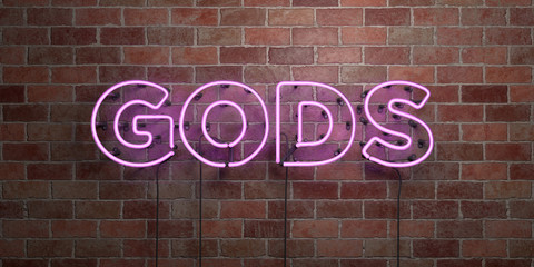 GODS - fluorescent Neon tube Sign on brickwork - Front view - 3D rendered royalty free stock picture. Can be used for online banner ads and direct mailers..