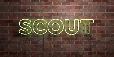 SCOUT - fluorescent Neon tube Sign on brickwork - Front view - 3D rendered royalty free stock picture. Can be used for online banner ads and direct mailers..