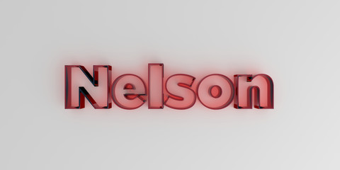 Nelson - Red glass text on white background - 3D rendered royalty free stock image.
