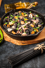 Black spaghetti with seafood
