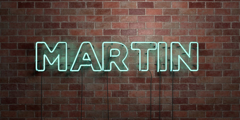 MARTIN - fluorescent Neon tube Sign on brickwork - Front view - 3D rendered royalty free stock picture. Can be used for online banner ads and direct mailers..