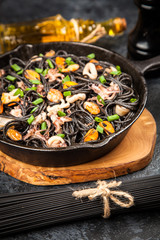 Black spaghetti with seafood