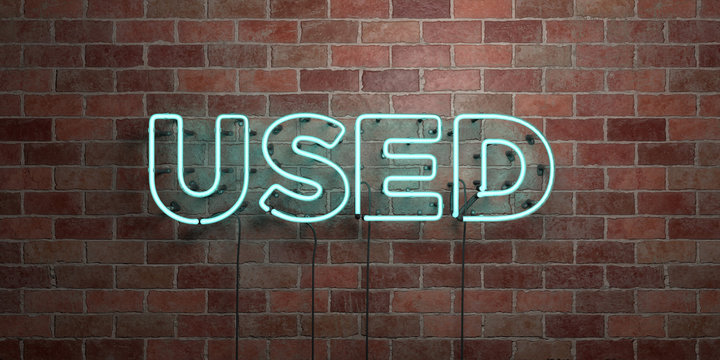 USED - fluorescent Neon tube Sign on brickwork - Front view - 3D rendered royalty free stock picture. Can be used for online banner ads and direct mailers..