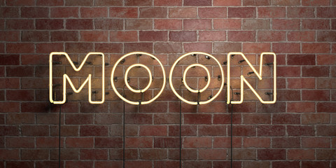 MOON - fluorescent Neon tube Sign on brickwork - Front view - 3D rendered royalty free stock picture. Can be used for online banner ads and direct mailers..