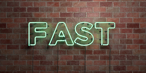 FAST - fluorescent Neon tube Sign on brickwork - Front view - 3D rendered royalty free stock picture. Can be used for online banner ads and direct mailers..