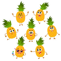 Set of cute and funny pineapple characters with happy faces, running, jumping, pointing, drinking cocktails, cartoon vector illustration isolated on white background. Pineapple characters, mascots