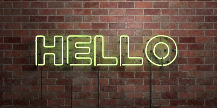 HELLO - fluorescent Neon tube Sign on brickwork - Front view - 3D rendered royalty free stock picture. Can be used for online banner ads and direct mailers..