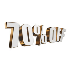 70 percent off letters on white background. 3d render isolated.
