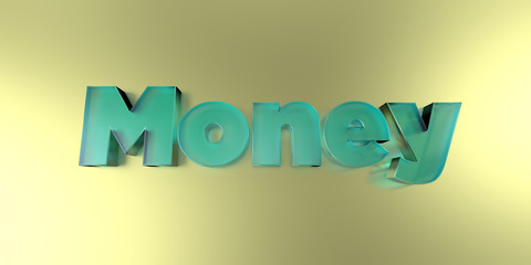 Money - colorful glass text on vibrant background - 3D rendered royalty free stock image.