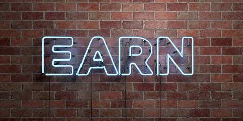 EARN - fluorescent Neon tube Sign on brickwork - Front view - 3D rendered royalty free stock picture. Can be used for online banner ads and direct mailers..