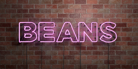 BEANS - fluorescent Neon tube Sign on brickwork - Front view - 3D rendered royalty free stock picture. Can be used for online banner ads and direct mailers..