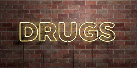 Obraz premium DRUGS - fluorescent Neon tube Sign on brickwork - Front view - 3D rendered royalty free stock picture. Can be used for online banner ads and direct mailers..