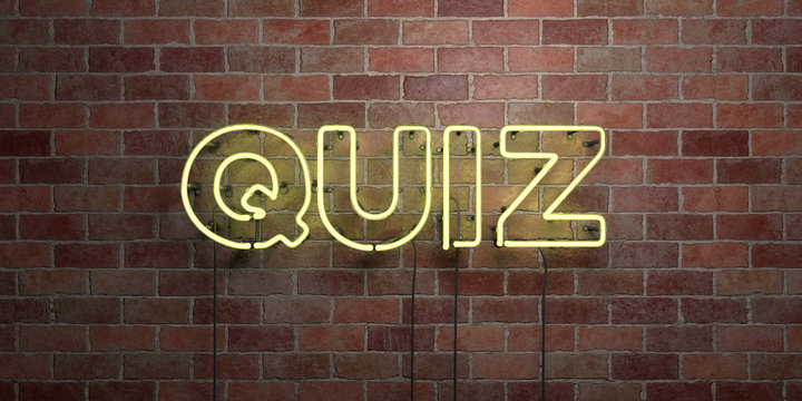 QUIZ - fluorescent Neon tube Sign on brickwork - Front view - 3D rendered royalty free stock picture. Can be used for online banner ads and direct mailers..