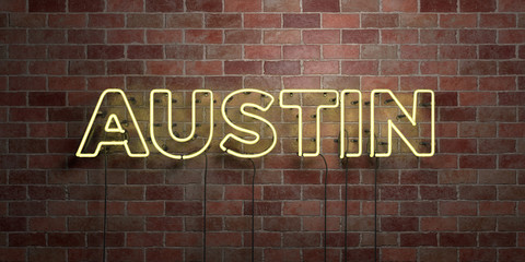 AUSTIN - fluorescent Neon tube Sign on brickwork - Front view - 3D rendered royalty free stock picture. Can be used for online banner ads and direct mailers..