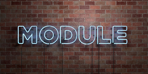 MODULE - fluorescent Neon tube Sign on brickwork - Front view - 3D rendered royalty free stock picture. Can be used for online banner ads and direct mailers..