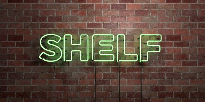 SHELF - fluorescent Neon tube Sign on brickwork - Front view - 3D rendered royalty free stock picture. Can be used for online banner ads and direct mailers..