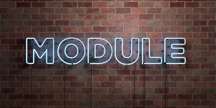 MODULE - Fluorescent Neon Tube Sign On Brickwork - Front View - 3D Rendered Royalty Free Stock Picture. Can Be Used For Online Banner Ads And Direct Mailers..