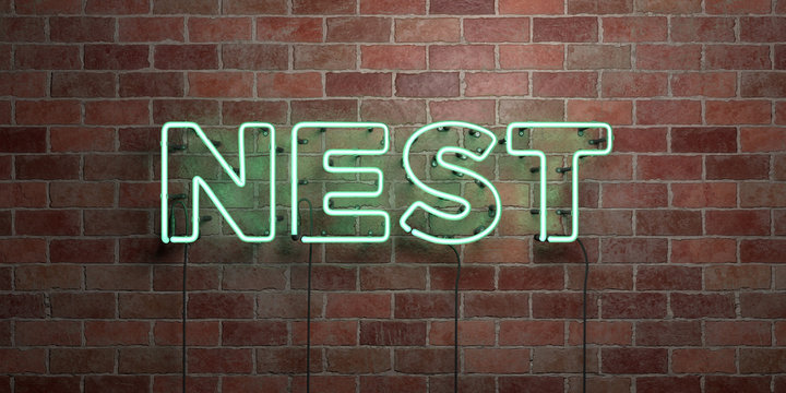 NEST - fluorescent Neon tube Sign on brickwork - Front view - 3D rendered royalty free stock picture. Can be used for online banner ads and direct mailers..