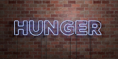 HUNGER - fluorescent Neon tube Sign on brickwork - Front view - 3D rendered royalty free stock picture. Can be used for online banner ads and direct mailers..