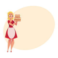 Woman, mother, housewife in white apron holding big layered birthday cake in two hands, cartoon vector illustration with place for text. Young beautiful woman holding birthday cake