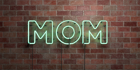 MOM - fluorescent Neon tube Sign on brickwork - Front view - 3D rendered royalty free stock picture. Can be used for online banner ads and direct mailers..