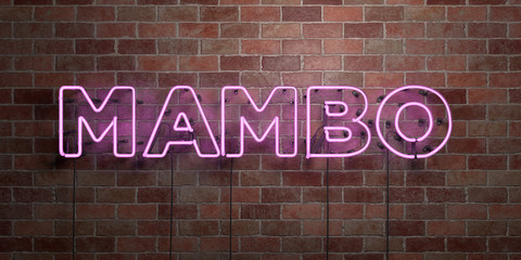 MAMBO - fluorescent Neon tube Sign on brickwork - Front view - 3D rendered royalty free stock picture. Can be used for online banner ads and direct mailers..