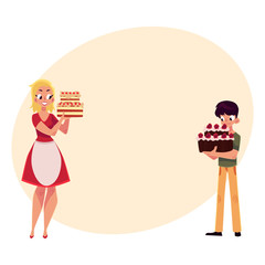 Mother and son holding birthday cakes, getting ready for party, cartoon vector illustration with place for text. Mother in apron and teenaged son holding birthday cakes
