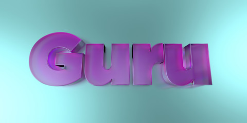 Guru - colorful glass text on vibrant background - 3D rendered royalty free stock image.